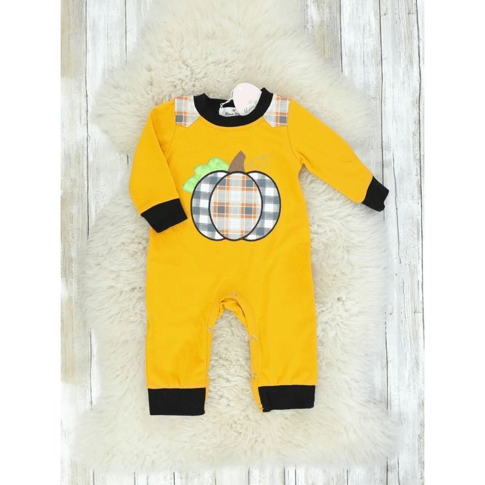 Mustard Plaid Pumpkin Romper - 0/3MOS